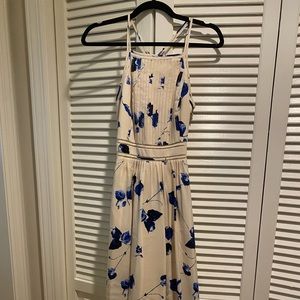 Club Monaco Silk Fit and Flare Midi Dress Cream Blue Size 0